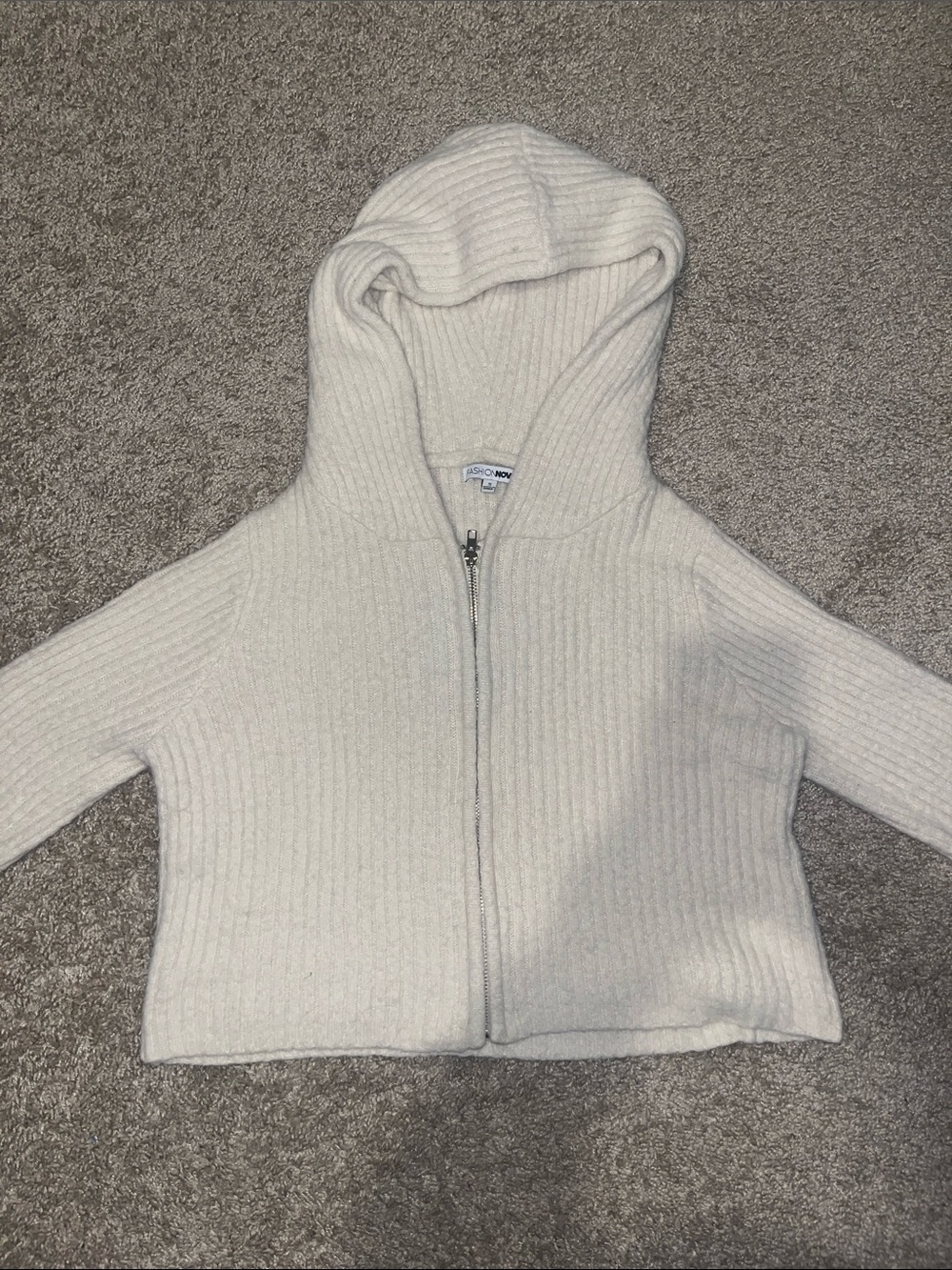 Fashion Nova Cream Ribbed Zip-Up Hoodie Jacket